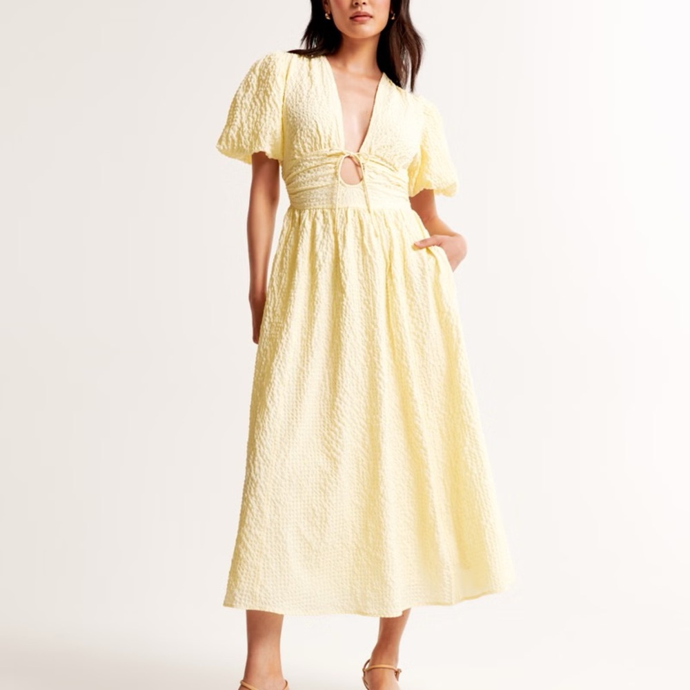 ABERCROMBIE | Tie Front Textured Puff Sleeve Midi Dress Butter Yellow | SIZE XXS